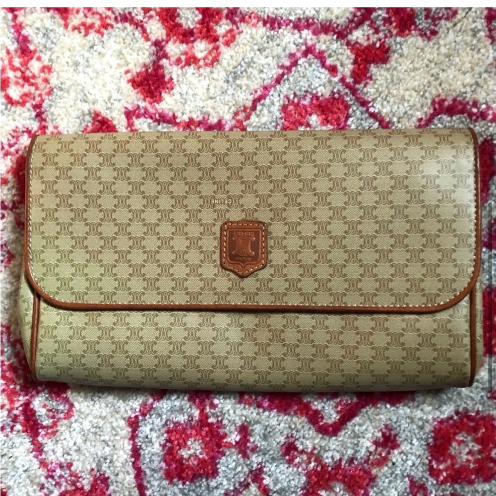 Celine AUTHENTIC Vintage Tan Coated Macadam Logo Flap Clutch Bag Purse Pouch